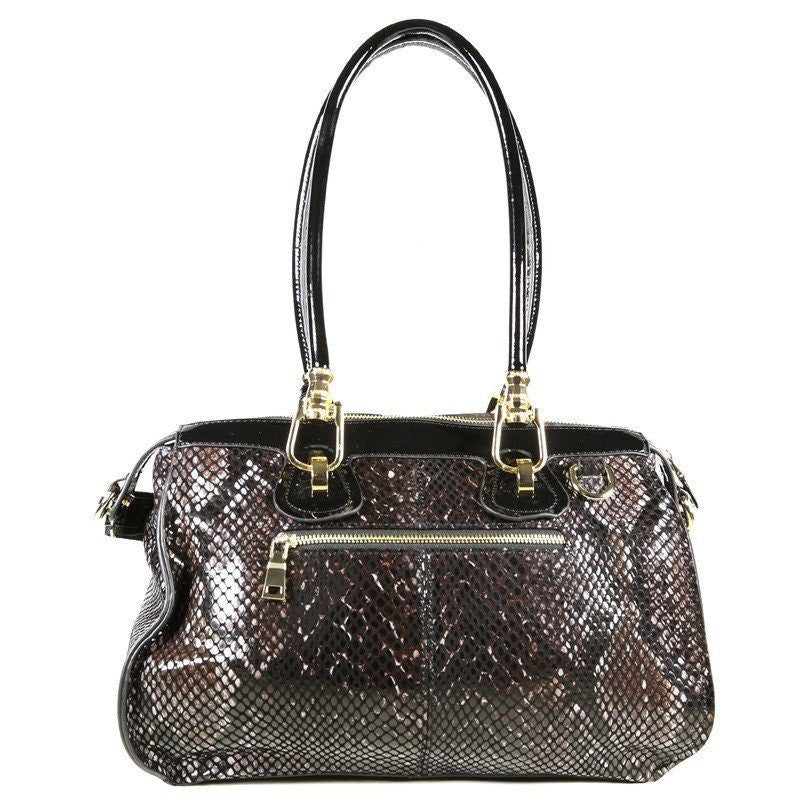 Black and Brown Patent Leather Snake Print Satchel Tote