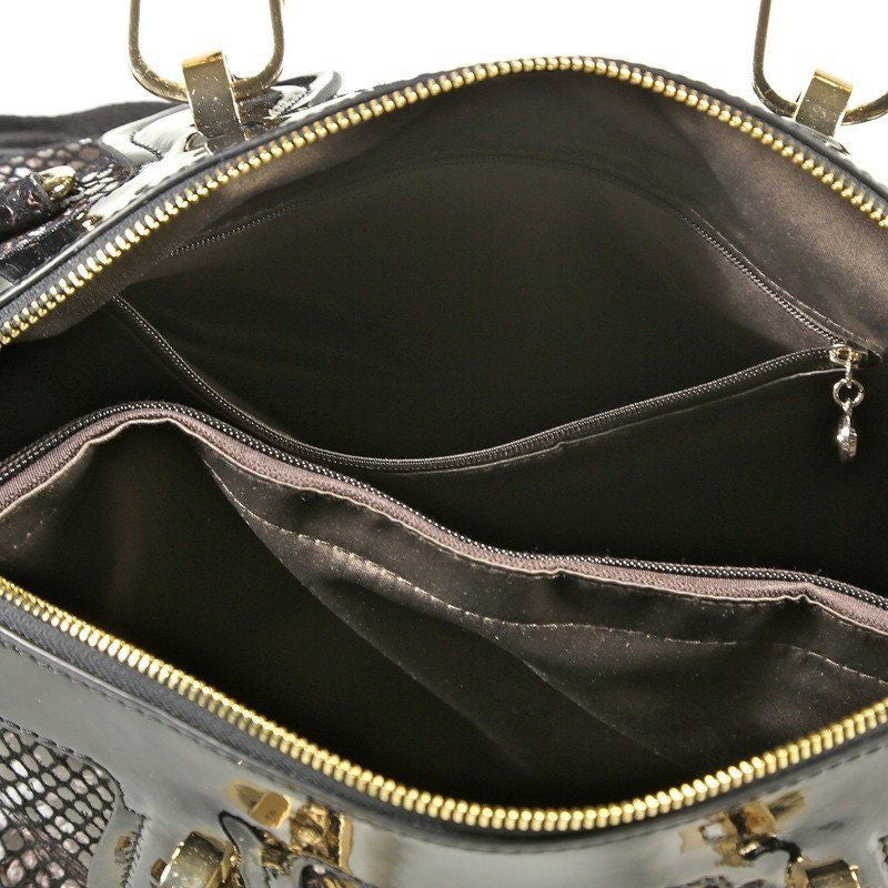 Black and Brown Patent Leather Snake Print Satchel Tote