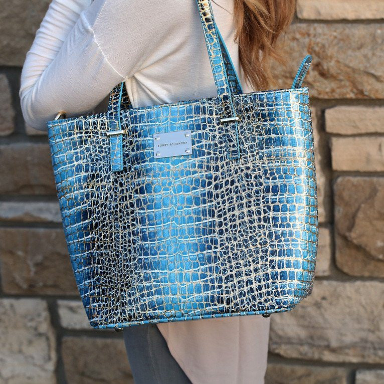 Teal Blue and Gold Patent Leather Tote