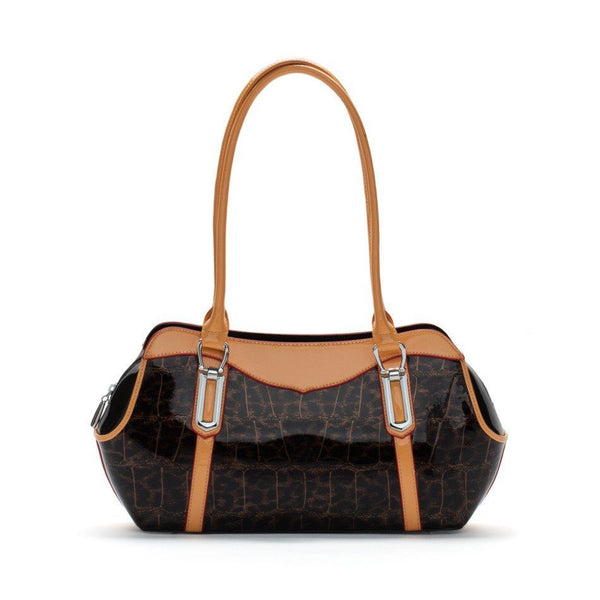 Black and Brown Patent Leather Snake Print Bag by Bobby Schandra