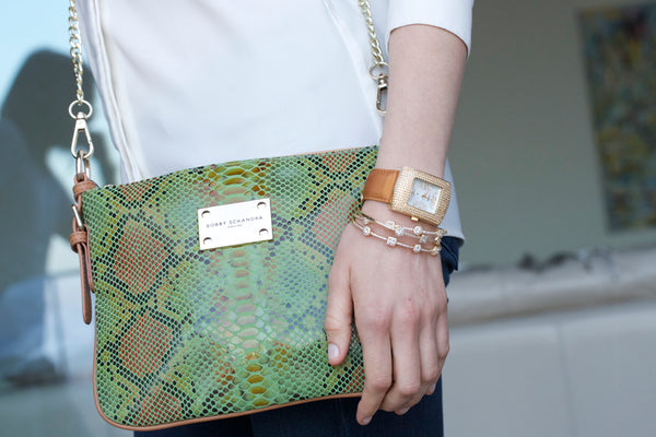 Gold Crocodile Print Designer Handbag Messenger Crossbody Bag - Schandra