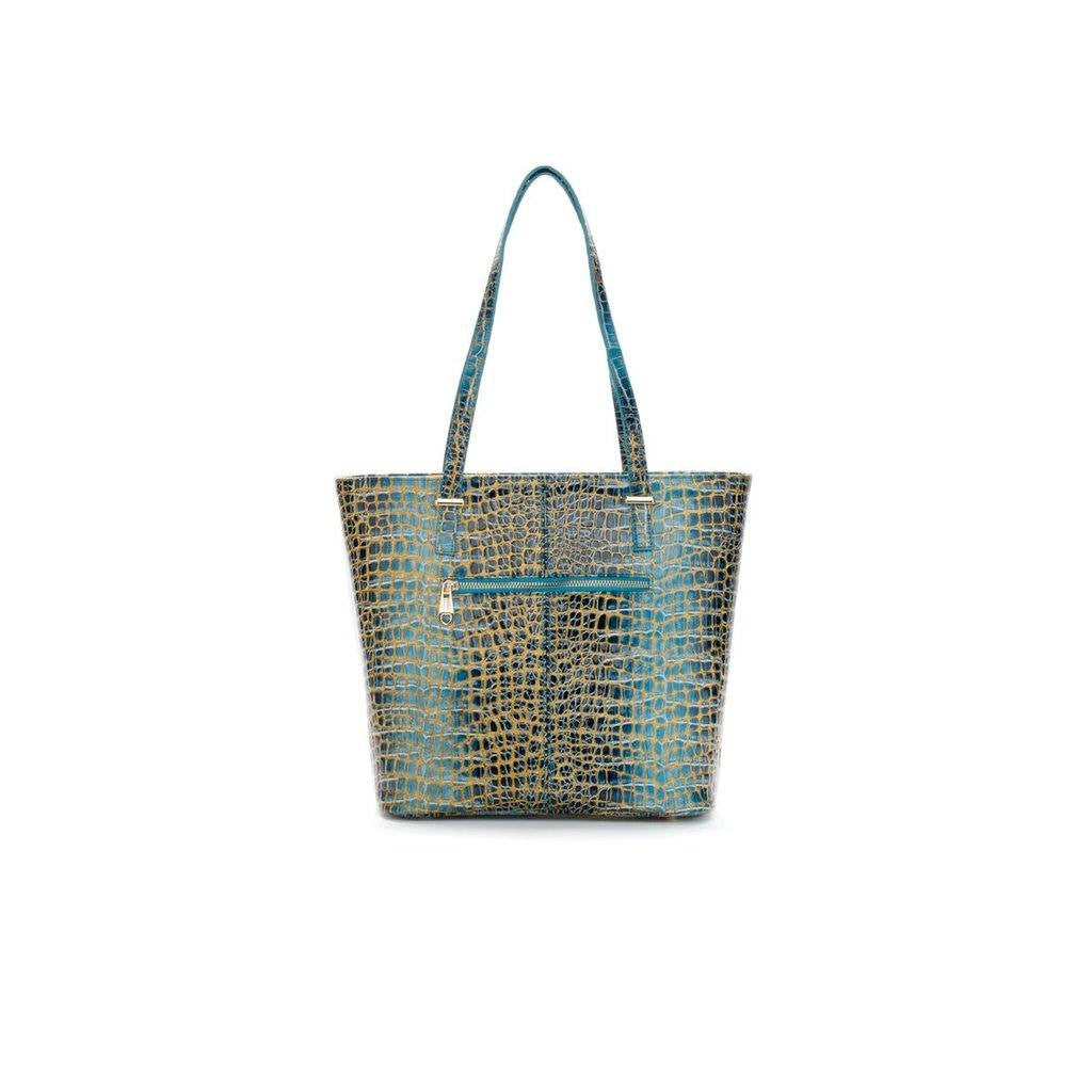 Teal Blue and Gold Patent Leather Tote