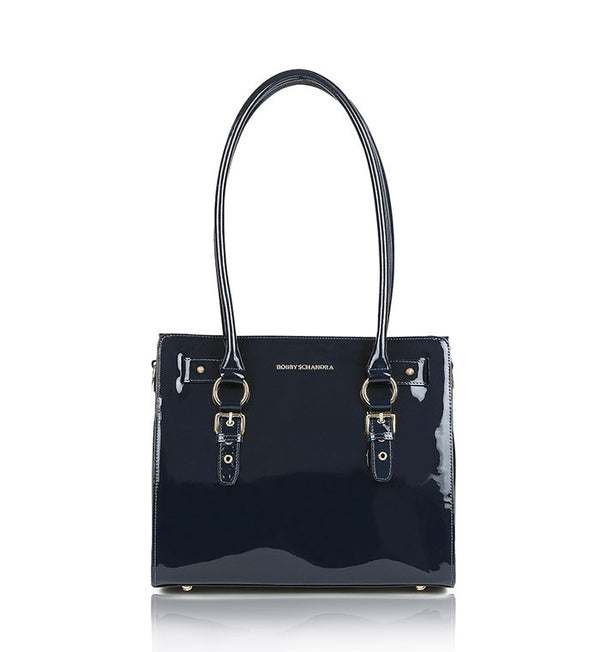 Blue-navy-patent-leather-designer-tote-with-gold-chain-bag.