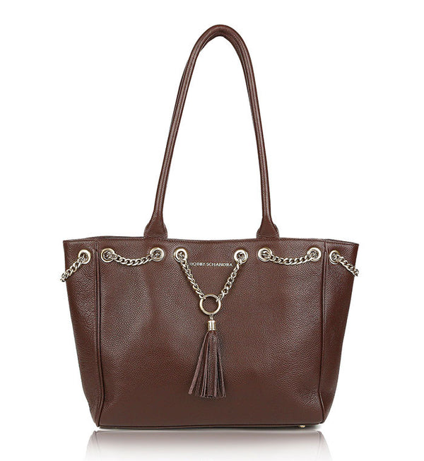 Brown-leather-designer-tote-with-gold-chain-bag