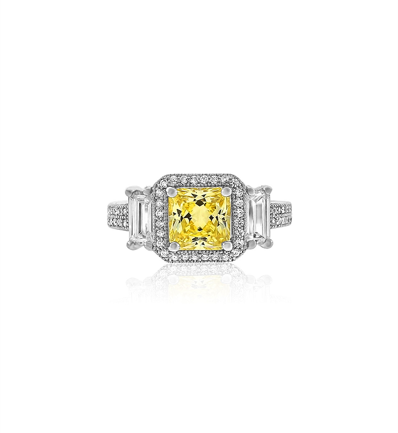 Cushion cut yellow diamond cz silver ring