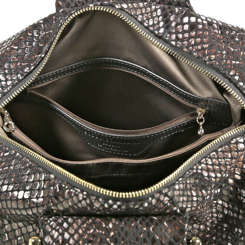 Black and Brown Patent Leather Snake Print Bag