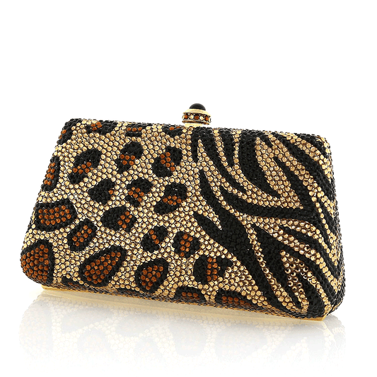 Black and Gold Animal Print Swarovski Crystal Evening Clutch