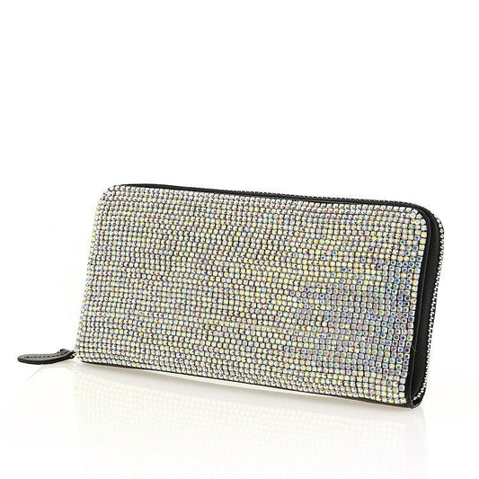 Black Leather AB Swarovski Crystal Evening Zipper Clutch