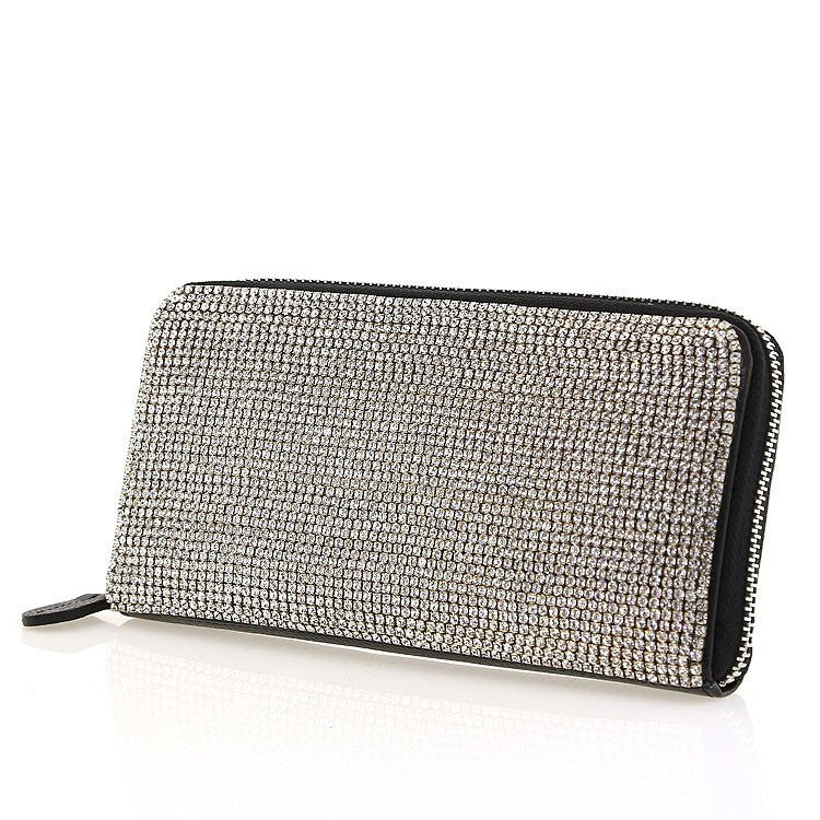 Black Leather Clear Swarovski Crystal Evening Zipper Clutch