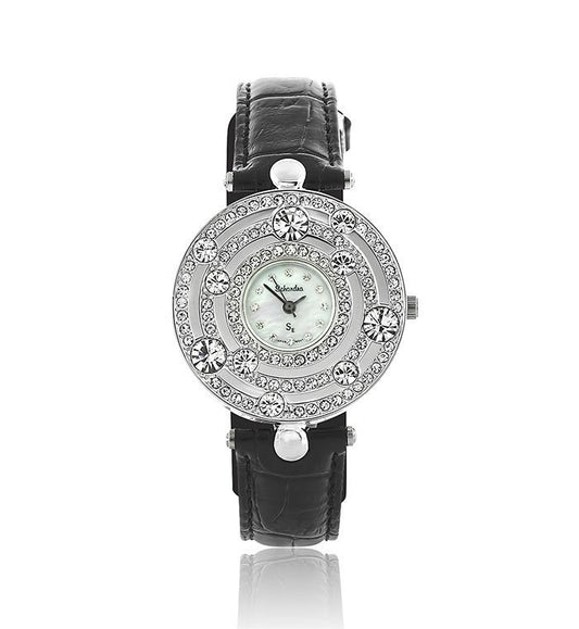 Black Leather Galaxy Swarovski Crystal Pearl Face Designer Watch