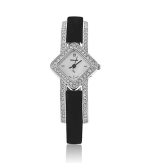 Black Suede Diamond Shaped Swarovski Crystal Pearl Face Watch