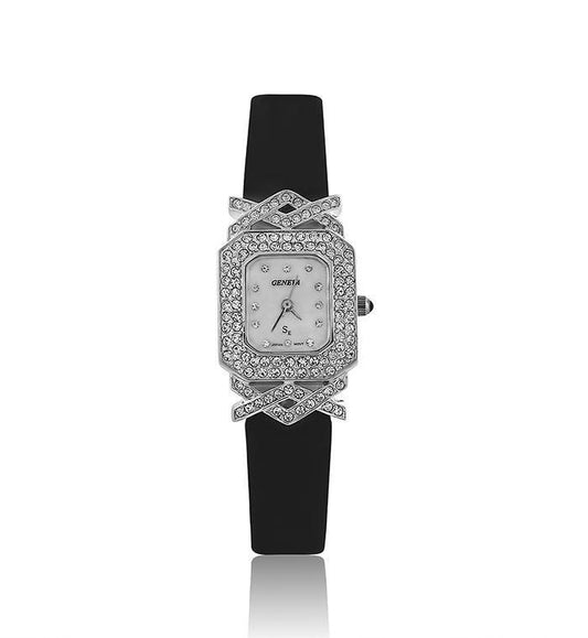 Black Suede Swarovski Crystal Pearl Face Designer Watch