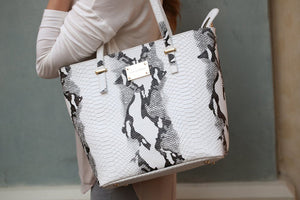 White and Black Leather Snake Print Tote Bag