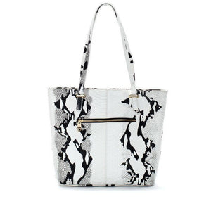 White and Black Leather Snake Print Tote Bag