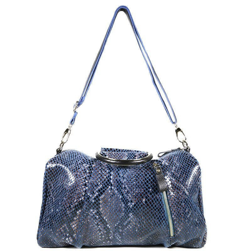 Blue Patent Leather Snake Print Satchel Bag