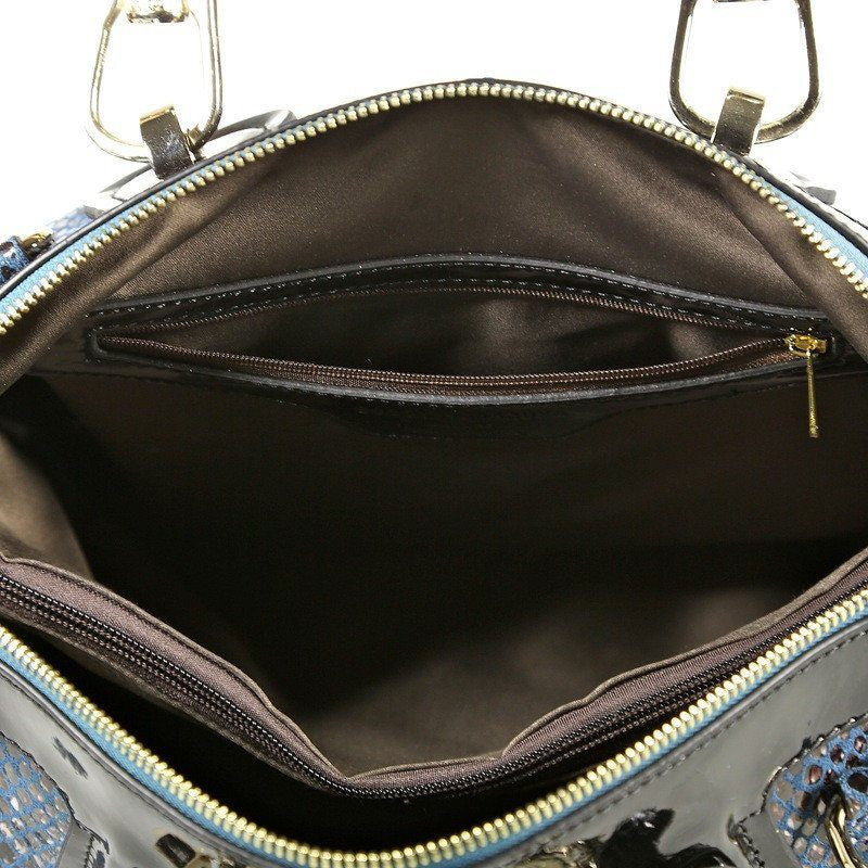 Blue Patent Leather Snake Print Satchel Tote