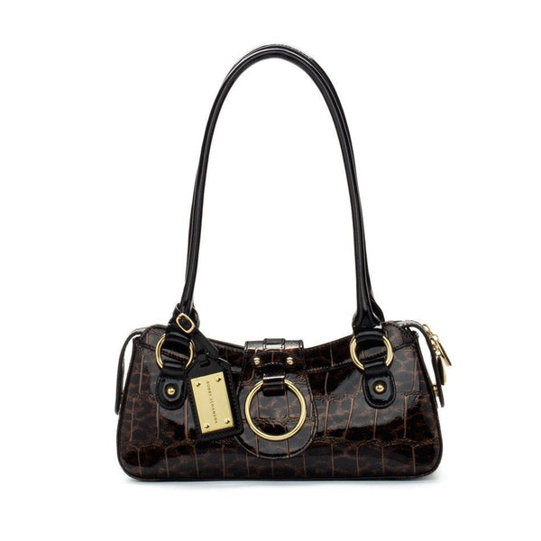Brown and Black Leopard Patent Leather Designer Handbag