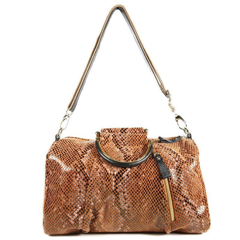 Camel Orange Patent Leather Snake Print Satchel Bag