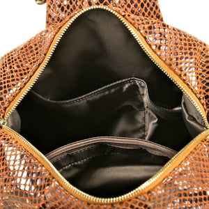 Camel Orange Patent Leather Snake Print Satchel Bag