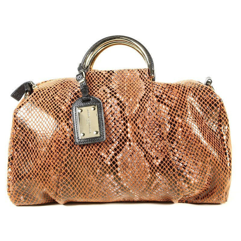 Camel Orange Patent Leather Snake Print Satchel Bag