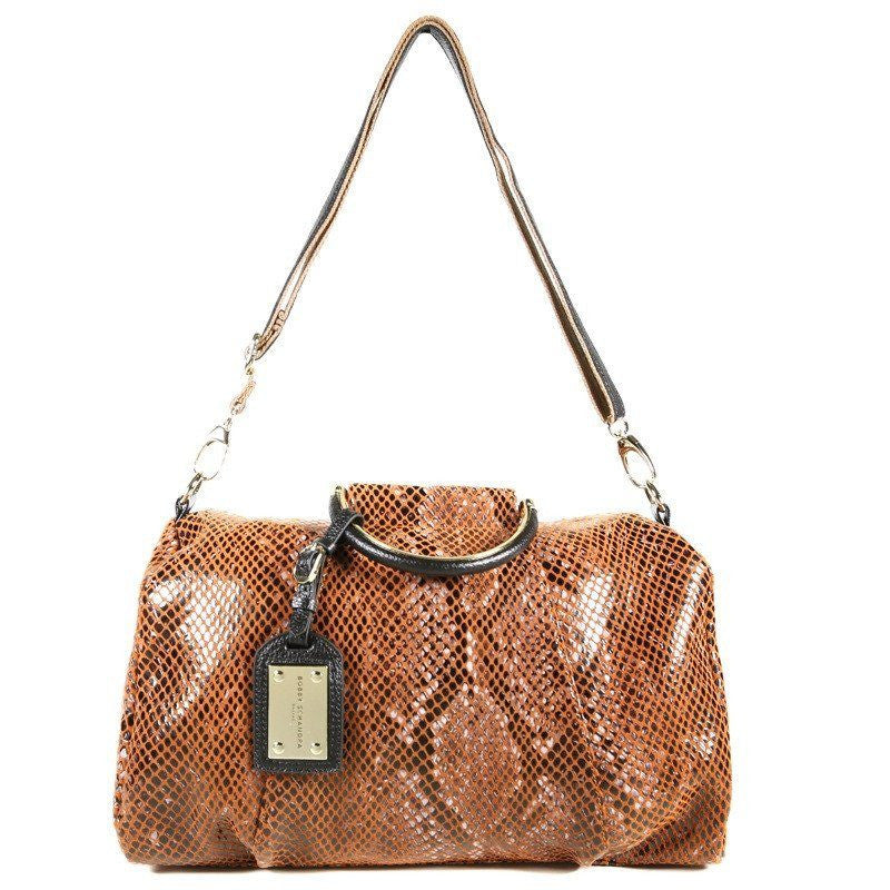 Camel Orange Patent Leather Snake Print Satchel Bag