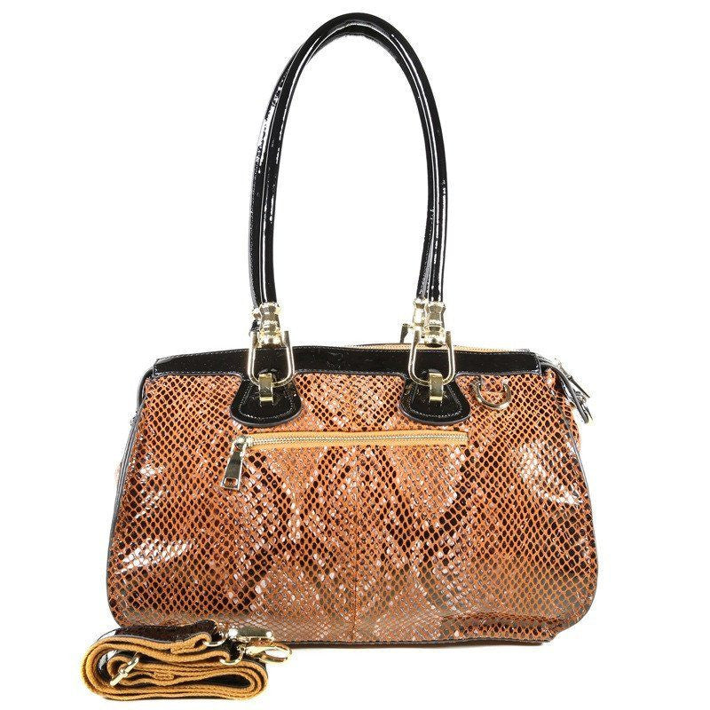 Camel Orange Patent Leather Snake Print Satchel Tote