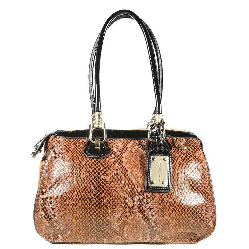 Camel Orange Patent Leather Snake Print Satchel Tote