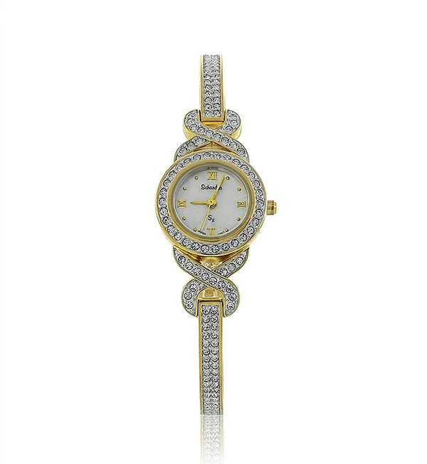 Gold and Silver Two Toned Round Swarovski Crystal Pearl Face Designer Watch