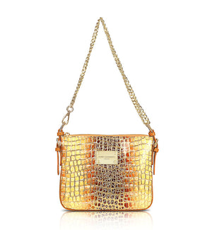 Gold Crocodile Print Designer Handbag Messenger Crossbody Bag