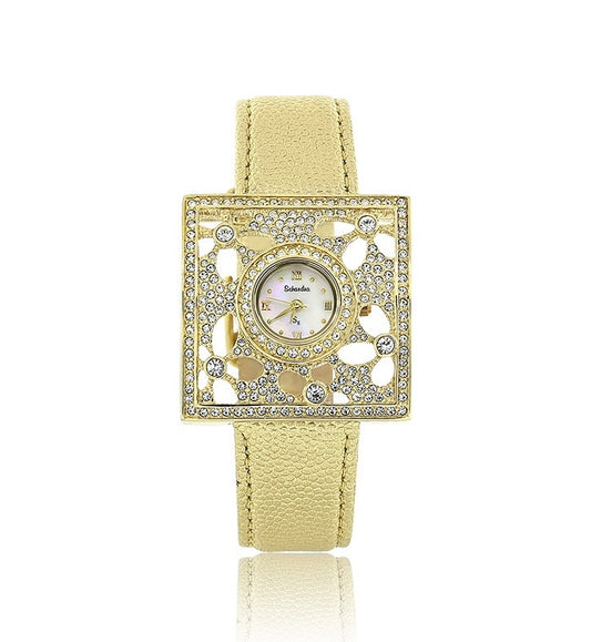 Gold Leather Swarovski Crystal Flower Designer Watch