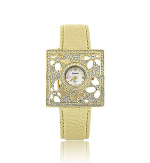 Gold Leather Swarovski Crystal Flower Designer Watch
