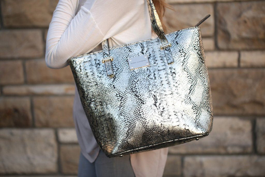 Gold and Black Leather Snake Print Tote Bag