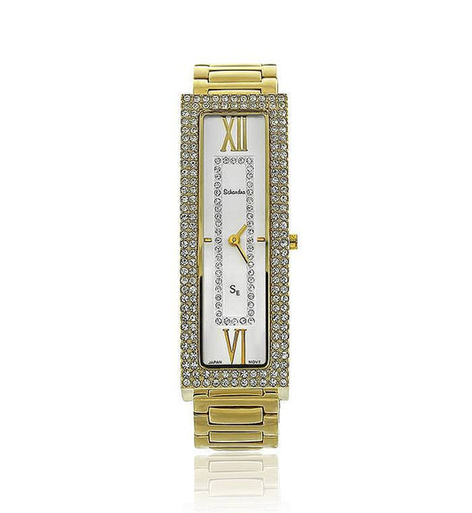 Gold Long Rectangle Swarovski Crystal Pearl Face Designer Watch