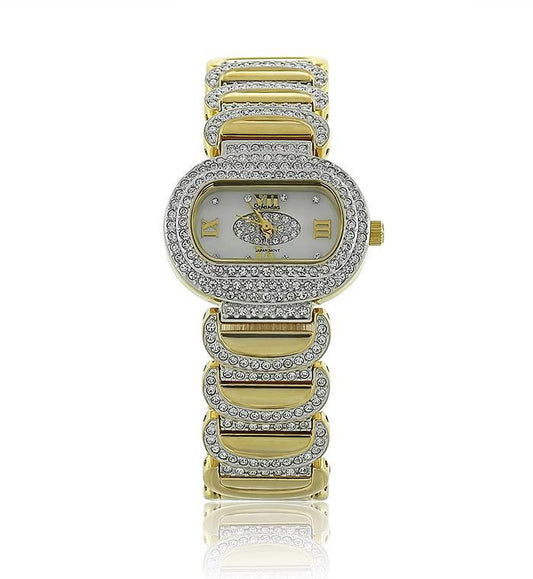 Gold Oval Swarovski Crystal Pearl Face Watch