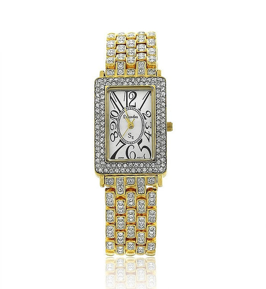 Gold Rectangle Swarovski Crystal Pearl Face Designer Watch