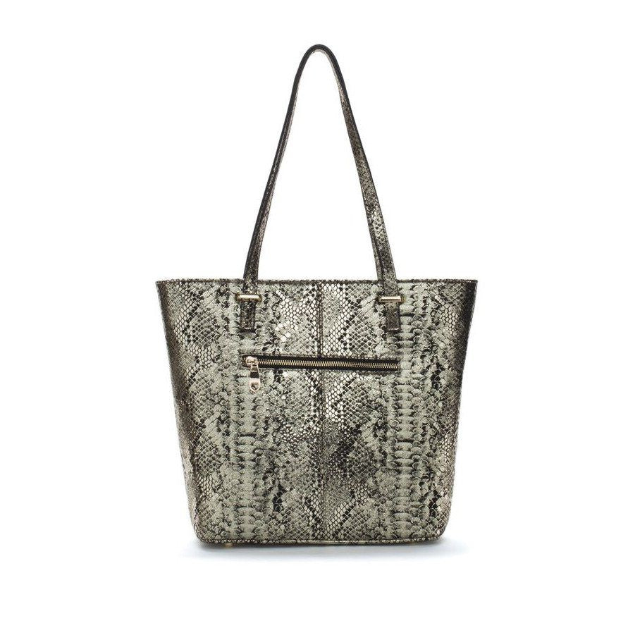 Gold and Black Leather Snake Print Tote Bag