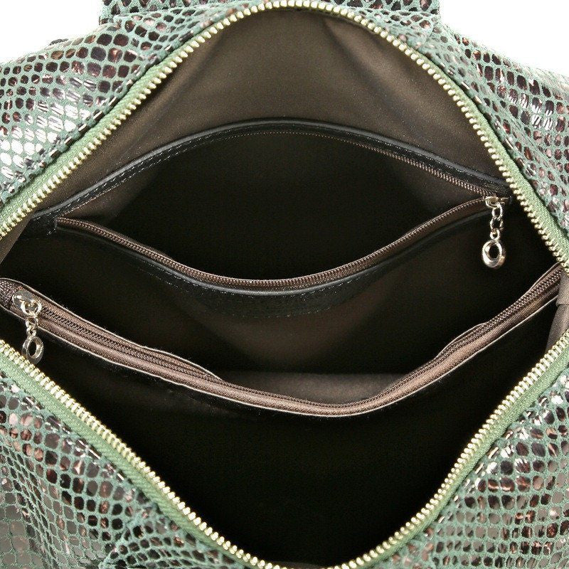 Green Patent Leather Snake Print Satchel