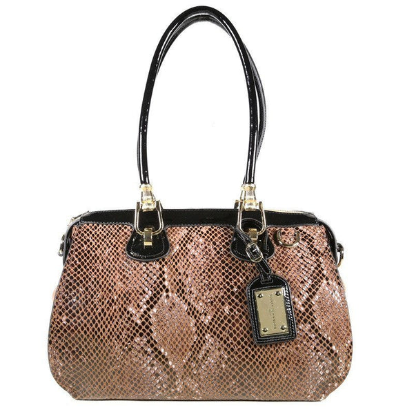 Light Brown Patent Leather Snake Print Satchel Tote