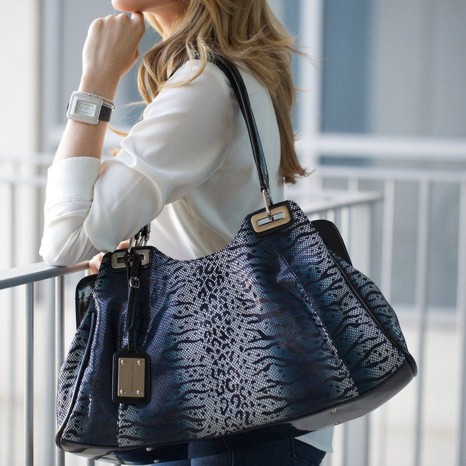 Designer Leather Blue White Large Tote Handbag - Schandra