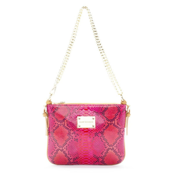 pink crossbody messenger leather bag, designer messenger bag Bobby Schandra Celeberity Style fashion 