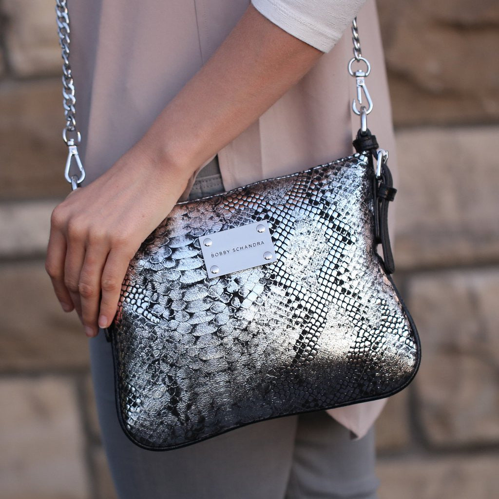 Silver and Black Python Print Leather Crossbody messenger bag