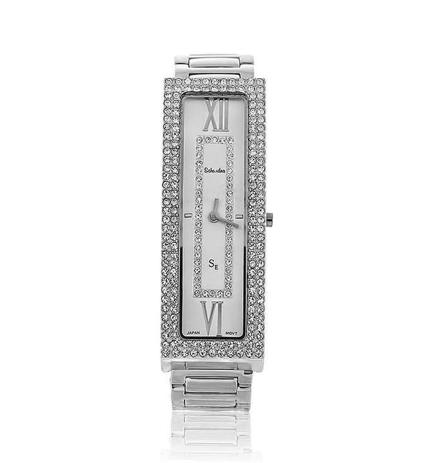 Silver Long Rectangle Swarovski Crystal Pearl Face Designer Watch