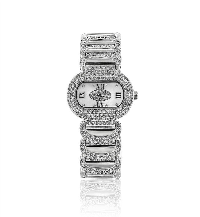 Silver Oval Swarovski Crystal Pearl Face Designer Watch