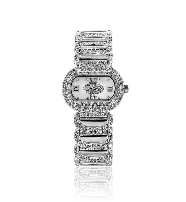 Silver Oval Swarovski Crystal Pearl Face Designer Watch