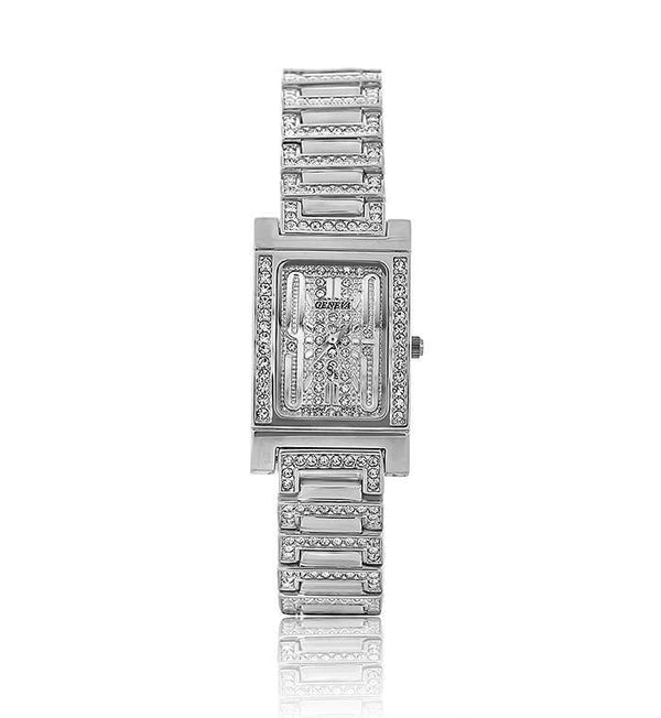 Silver Rectangle Swarovski Crystal Designer Watch with Crystal Face