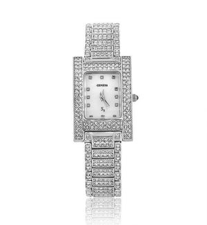 Silver Rectangle Swarovski Crystal Pearl Face Designer Watch