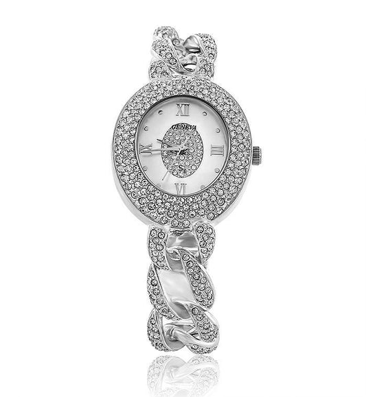 Silver Round Linked Swarovski Crystal Pearl Face Designer Watch