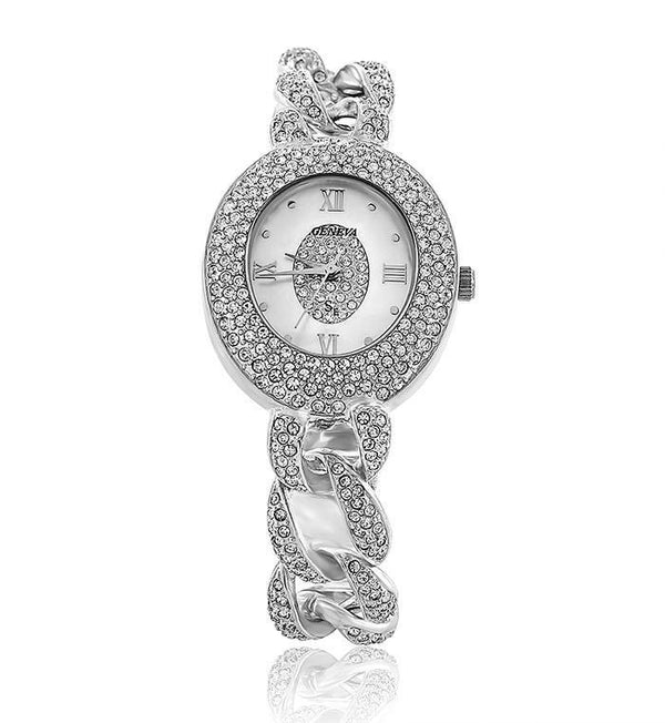 Silver Round Linked Swarovski Crystal Pearl Face Designer Watch