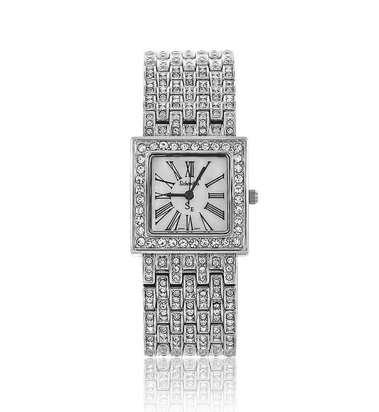 Silver Square Swarovski Crystal Pearl Face Designer Watch