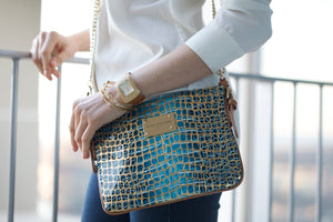 Teal Blue Gold Leather Designer Handbag Crossbody Messenger